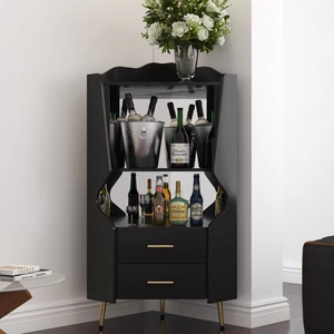 Wooden Corner bar cabinet with 2 open storage shelves and 2 drawers, mirrored back sideboard cabinet, high feet/legs for easy cleaning, buffet cabinet BLACK Wooden Corner bar cabinet with 2 open storage shelves and 2 drawers, mirrored back sideboard cabinet, high feet/legs for easy cleaning, buffet cabinet BLACK