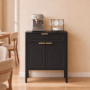 Modern Black Arched Accent Storage Cabinet, Freestanding Sideboard Buffet with Drawer & Curved Gold Metal Handles, Smooth Rounded Edge Console Cabinet for Entryway, Living Room, Kitchen & Dining Room Modern Black Arched Accent Storage Cabinet, Freestanding Sideboard Buffet with Drawer & Curved Gold Metal Handles, Smooth Rounded Edge Console Cabinet for Entryway, Living Room, Kitchen & Dining Room