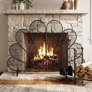 Black Peacock FanShaped Freestanding Fireplace Screen, 50" W x 35" H HeavyDuty Iron Mesh Single Panel Fire Spark Guard for Indoor Fireplace Black Peacock FanShaped Freestanding Fireplace Screen, 50" W x 35" H HeavyDuty Iron Mesh Single Panel Fire Spark Guard for Indoor Fireplace
