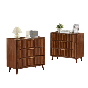 Fluted 3 Drawer Dresser Set of 2, Mid-Century Modern Tall Chest of Drawers with Vertical Grooved Design, Solid Wood Storage Cabinet with Metal Handles for Bedroom Living Room, Walnut Fluted 3 Drawer Dresser Set of 2, Mid-Century Modern Tall Chest of Drawers with Vertical Grooved Design, Solid Wood Storage Cabinet with Metal Handles for Bedroom Living Room, Walnut