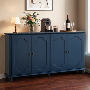 Blue Farmhouse Sideboard Buffet Cabinet, 4 Door Vintage Storage Credenza with Decorative Curved Raised Panel Doors, Wide Closed Storage Accent Console Cabinet for Entryway, Living Room, Kitchen Blue Farmhouse Sideboard Buffet Cabinet, 4 Door Vintage Storage Credenza with Decorative Curved Raised Panel Doors, Wide Closed Storage Accent Console Cabinet for Entryway, Living Room, Kitchen