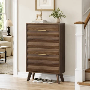 23.6-inch Walnut Wood Slim Flip-Top Shoe Cabinet, Mid-century Modern Freestanding Shoe Cabinet, Home Entryway Double Flip-Top Door Large Capacity Narrow Style Shoe Rack