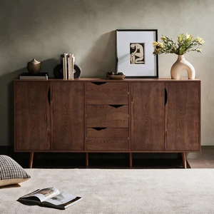63'' Modern Storage Cabinet with 4 Doors & 3 Drawers, Wood Veneer Exterior, Solid Wood Inner Panels & 6 Solid Wood Legs, Freestanding Organizer for Living Room, Kitchen, Hallway, Walnut 63'' Modern Storage Cabinet with 4 Doors & 3 Drawers, Wood Veneer Exterior, Solid Wood Inner Panels & 6 Solid Wood Legs, Freestanding Organizer for Living Room, Kitchen, Hallway, Walnut