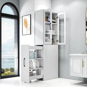 70.87" H Display Storage  Cabinet , 4 Tier multi-functional pull-out multi-tier storage shelf & 2 Glass Doors, Modern Wooden  Kitchen Pantry Cabinet for Living Room or Kitchen and Dinning Room