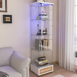 Modern Glass Display Cabinet with Drawer , Quick-assembly Antique Cabinet with LED lights, Tempered Glass Bookshelf, 1-Door Storage Case with 4 Shelves for Living Room and Bedroom, white and natural Modern Glass Display Cabinet with Drawer , Quick-assembly Antique Cabinet with LED lights, Tempered Glass Bookshelf, 1-Door Storage Case with 4 Shelves for Living Room and Bedroom, white and natural