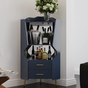 Wooden Corner bar cabinet with 2 open storage shelves and 2 drawers, mirrored back sideboard cabinet, high feet/legs for easy cleaning, buffet cabinet BLUE Wooden Corner bar cabinet with 2 open storage shelves and 2 drawers, mirrored back sideboard cabinet, high feet/legs for easy cleaning, buffet cabinet BLUE