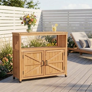 Wooden Patio Bar Table Set with Storage, Buffet Cabinet Sideboard for Outdoor and Indoor Wooden Patio Bar Table Set with Storage, Buffet Cabinet Sideboard for Outdoor and Indoor