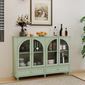 Green Arched Glass Sideboard Buffet Cabinet, 2 Drawers & 4 Glass Doors Storage Credenza, Display Cabinet with Adjustable Shelves, Modern Kitchen Cupboard for Dining Room Living Room Entryway