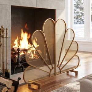 Gold FanShaped Peacock Design Freestanding Fireplace Screen, 2Panel Decorative Metal Mesh Spark Barrier for Home Indoor Fireplaces Gold FanShaped Peacock Design Freestanding Fireplace Screen, 2Panel Decorative Metal Mesh Spark Barrier for Home Indoor Fireplaces
