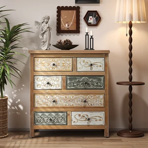 Vintage Wooden Accent Chest with 6 Drawers, Rustic Multicolor Carved Storage Dresser for Bedroom, Living Room, Farmhouse Style Decor (25.59" L x 12.6" W x 33.07" H) Vintage Wooden Accent Chest with 6 Drawers, Rustic Multicolor Carved Storage Dresser for Bedroom, Living Room, Farmhouse Style Decor (25.59" L x 12.6" W x 33.07" H)
