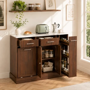 Modern Sideboard Buffet Cabinet with White Faux Marble Top, Brown Wood Grain MDF Storage Cabinet with Drawers & Pull-Out Wine Rack, Freestanding Kitchen Dining Room Coffee Bar Cabinet Modern Sideboard Buffet Cabinet with White Faux Marble Top, Brown Wood Grain MDF Storage Cabinet with Drawers & Pull-Out Wine Rack, Freestanding Kitchen Dining Room Coffee Bar Cabinet