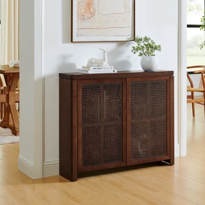 39.4" Mid Century Modern Rattan Sideboard Buffet Cabinet with 2 Outlet Holes, Coffee Bar Wine Bar Credenza, Retro Storage Cabinet for Entryway, Hallway, Living Room, Kitchen, Dining Room, Walnut 39.4" Mid Century Modern Rattan Sideboard Buffet Cabinet with 2 Outlet Holes, Coffee Bar Wine Bar Credenza, Retro Storage Cabinet for Entryway, Hallway, Living Room, Kitchen, Dining Room, Walnut