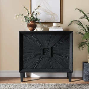 Mid-Century Modula Credenza Sideboard Buffet, 31.5" Black Small Space Storage Cabinet with Symmetrical Sunburst Doors, 2-Door Accent Cabinet with Adjustable Shelves for Dining Room, Entryway & Hallway Mid-Century Modula Credenza Sideboard Buffet, 31.5" Black Small Space Storage Cabinet with Symmetrical Sunburst Doors, 2-Door Accent Cabinet with Adjustable Shelves for Dining Room, Entryway & Hallway