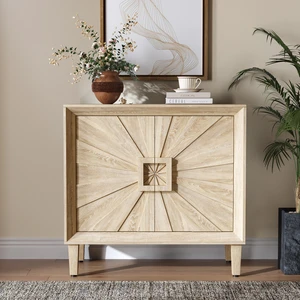 31.5" Antique Natural Mid-Century Modular Credenza Sideboard Buffet, Small Space Cabinet with Symmetrical Sunburst Doors, Accent Cabinet with Adjustable Shelves for Dining Room, Entryway & Hallway 31.5" Antique Natural Mid-Century Modular Credenza Sideboard Buffet, Small Space Cabinet with Symmetrical Sunburst Doors, Accent Cabinet with Adjustable Shelves for Dining Room, Entryway & Hallway