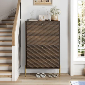 23.6 Inch Walnut shoe cabinet, Mid-century modern freestanding shoe cabinet,  Freestanding organizer with metal legs,  Suitable for entry, Hallway And Entryway