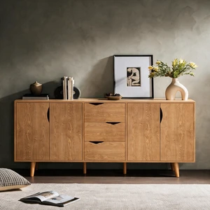 63'' Modern Storage Cabinet with 4 Doors & 3 Drawers, Wood Veneer Exterior, Solid Wood Inner Panels & 6 Solid Wood Legs, Freestanding Organizer for Living Room, Kitchen, Dining Room, Hallway 63'' Modern Storage Cabinet with 4 Doors & 3 Drawers, Wood Veneer Exterior, Solid Wood Inner Panels & 6 Solid Wood Legs, Freestanding Organizer for Living Room, Kitchen, Dining Room, Hallway