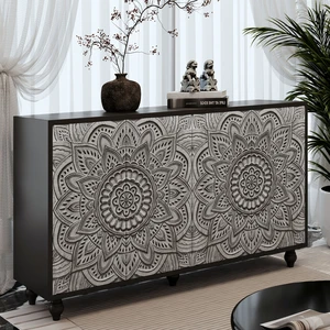 60" Boho Mandala 3D Embossed Sideboard Buffet Cabinet, 4 Door Black Farmhouse Credenza with Push-to-Open Doors, Adjustable Storage Cabinet with Turned Wood Legs for Dining Room Entryway Living Room 60" Boho Mandala 3D Embossed Sideboard Buffet Cabinet, 4 Door Black Farmhouse Credenza with Push-to-Open Doors, Adjustable Storage Cabinet with Turned Wood Legs for Dining Room Entryway Living Room