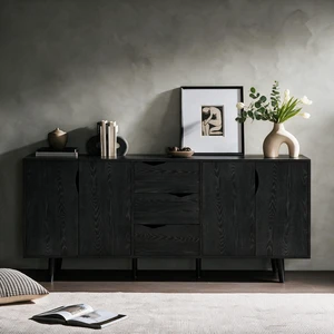 63'' Modern Storage Cabinet with 4 Doors & 3 Drawers, Wood Veneer Exterior, Solid Wood Inner Panels & 6 Solid Wood Legs, Freestanding Organizer for Living Room, Dining Room, Hallway ,Black 63'' Modern Storage Cabinet with 4 Doors & 3 Drawers, Wood Veneer Exterior, Solid Wood Inner Panels & 6 Solid Wood Legs, Freestanding Organizer for Living Room, Dining Room, Hallway ,Black