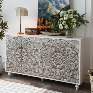 60" Boho Mandala 3D Embossed Sideboard Buffet Cabinet, 4 Door White Farmhouse Credenza with Push-to-Open Doors, Adjustable Storage Cabinet with Turned Wood Legs for Dining Room Entryway Living Room 60" Boho Mandala 3D Embossed Sideboard Buffet Cabinet, 4 Door White Farmhouse Credenza with Push-to-Open Doors, Adjustable Storage Cabinet with Turned Wood Legs for Dining Room Entryway Living Room