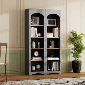 ON-TREND Free Standing 5 Tier Bookshelves, Bookcases Set of 2, Farmhouse Two-Tone Storage Cabinet with Adjustable Shelves, Modern 72"H Kitchen Pantry Cabinet for Living Room, Home Office, Grey ON-TREND Free Standing 5 Tier Bookshelves, Bookcases Set of 2, Farmhouse Two-Tone Storage Cabinet with Adjustable Shelves, Modern 72"H Kitchen Pantry Cabinet for Living Room, Home Office, Grey