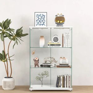 Modern Glass Display Cabinet with LED lights, Quick-assembly Antique Cabinet, Tempered Glass Bookshelf, Suitable for Living Room and Bedrooms, 2-door 3-shelf, Transparent+White (Old Sku:W241P242928)