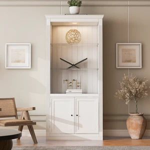 78.75''H 4-Tier Display Shelf, with 5-Colors Dimmable Ceiling Light, Freestanding Farmhouse Bookcases with Storage & Doors, Bookshelf with Adjustable Glass Shelves for Home & Office - White 78.75''H 4-Tier Display Shelf, with 5-Colors Dimmable Ceiling Light, Freestanding Farmhouse Bookcases with Storage & Doors, Bookshelf with Adjustable Glass Shelves for Home & Office - White