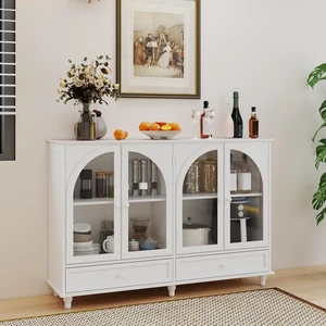 White Arched Glass Sideboard Buffet Cabinet, 2 Drawers & 4 Glass Doors Storage Credenza, Display Cabinet with Adjustable Shelves, Modern Kitchen Cupboard for Dining Room Living Room Entryway