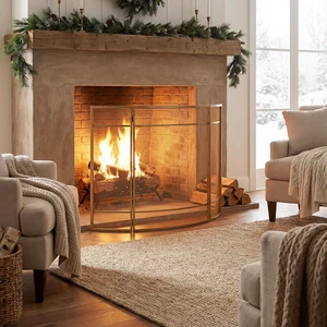 Regina 1-Panel Curve Iron Fireplace Screen 38" x 32", Golden Finish Regina 1-Panel Curve Iron Fireplace Screen 38" x 32", Golden Finish