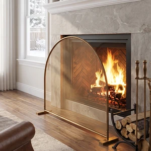Freestanding FullArch Top Gold Finish Metal Fireplace Screen, Single Panel Spark Barrier for Indoor Wood Burning Fireplace Freestanding FullArch Top Gold Finish Metal Fireplace Screen, Single Panel Spark Barrier for Indoor Wood Burning Fireplace