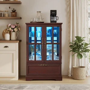 Dark Cherry Display Cabinet with Full-Color RGB Light Strip and Flip-Top Drawer,Freestanding Storage Bookcase for Dining Room,Living Room,Bedroom and Entryway Dark Cherry Display Cabinet with Full-Color RGB Light Strip and Flip-Top Drawer,Freestanding Storage Bookcase for Dining Room,Living Room,Bedroom and Entryway