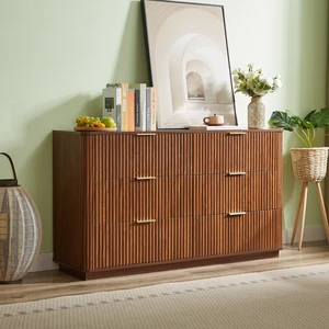 6 Drawers Dresser,55" Wide Modern Chest of Drawers Curved wave Design, Dresser TV Stand, Wood Drawer Organizer for Bedroom, Living Room, Hallway, Walnut,55.12''W x 15.75''D x 31.5''H.