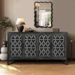 Hollow Four Door Antique Cabinet, American Country Style, Suitable for Living Room, TV Cabinet, Kitchen (Antique Black) Hollow Four Door Antique Cabinet, American Country Style, Suitable for Living Room, TV Cabinet, Kitchen (Antique Black)