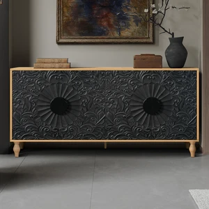 Black Carved Symmetrical Design Door And Wood Coloured Frame For TV Stand Table,Living Room ,Entryway Black Carved Symmetrical Design Door And Wood Coloured Frame For TV Stand Table,Living Room ,Entryway
