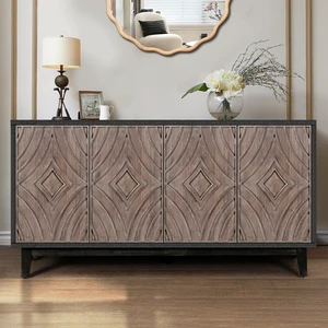 Mid Century Sideboard Buffet Cabinet with Solid Wood Legs 60" Kitchen Storage Cabinet Credenza with 4 Convex pattern diamond Doors and 2 Shelves Accent Console Table for Living Room Entrance Hall etc Mid Century Sideboard Buffet Cabinet with Solid Wood Legs 60" Kitchen Storage Cabinet Credenza with 4 Convex pattern diamond Doors and 2 Shelves Accent Console Table for Living Room Entrance Hall etc