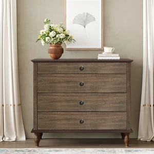Large 4-Drawer Chest with Solid Wood Foot, Dresser with Brushed Deep Brown Finish & Metal Drawer Knobs, Antique Design for Bedroom & Nursery Large 4-Drawer Chest with Solid Wood Foot, Dresser with Brushed Deep Brown Finish & Metal Drawer Knobs, Antique Design for Bedroom & Nursery