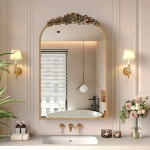 Vintage Medicine Cabinet Mirror with Storage, 24" x 36" Arch Bathroom Wall Mount Mirror Cabinet with Carved Top, Recessed & Surface Mount Bathroom Cabinet with Adjustable Shelf & Jewelry Hooks, Gold
