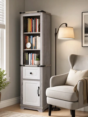 Narrow cabinet,Bathroom Storage Cabinet, Farmhouse Storage Cabinet with Adjustable Shelves & Storage Drawer, Tall Linen Tower for Bathroom, Living Room, Grey+white color Narrow cabinet,Bathroom Storage Cabinet, Farmhouse Storage Cabinet with Adjustable Shelves & Storage Drawer, Tall Linen Tower for Bathroom, Living Room, Grey+white color