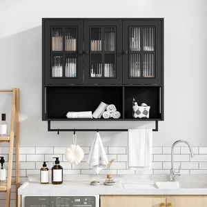 Bathroom Wall Cabinet, 3-Door Wooden Wall Cabinet with Open and Hidden Storage Space, Medicine Cabinet with Glass Door and Towel Bar for Entryway Living Room Bathroom Dining Room,Black