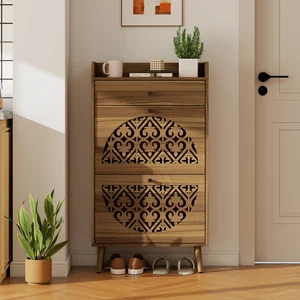 Shoe Storage Cabinet with SemiCircular Cutout Doors, DoubleTier Removable Shoe Trays, Pine Wood Feet, AntiTip Wall Anchor, WallProtection Back Panel for Entryway Home Shoe Organizer