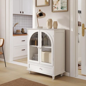 Arched Glass Door Farmhouse Sideboard, White Storage Cabinet with Tiered Top & 1 Drawer, Buffet Pantry Cabinet for Kitchen Living Room Coffee Bar Arched Glass Door Farmhouse Sideboard, White Storage Cabinet with Tiered Top & 1 Drawer, Buffet Pantry Cabinet for Kitchen Living Room Coffee Bar