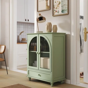 Farmhouse Sideboard with Double Arched Glass Doors, Green Storage Cabinet with Tiered Top & 1 Drawer for Kitchen, Living Room, Coffee Bar Farmhouse Sideboard with Double Arched Glass Doors, Green Storage Cabinet with Tiered Top & 1 Drawer for Kitchen, Living Room, Coffee Bar