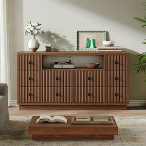 10-Drawer Dresser for Bedroom and Living Room, Large-Capacity Storage, Built-In Charging Station, Open Display Shelf, Vertical Fluted Drawer Fronts, 2 AC Outlets, USB-A and USB-C Ports, Walnut. 10-Drawer Dresser for Bedroom and Living Room, Large-Capacity Storage, Built-In Charging Station, Open Display Shelf, Vertical Fluted Drawer Fronts, 2 AC Outlets, USB-A and USB-C Ports, Walnut.