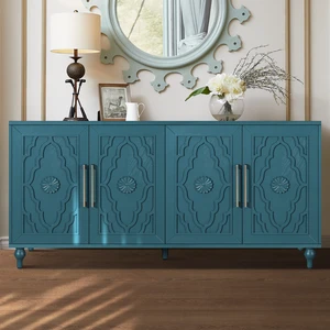 63'' Large Storage Cabinet with Metal Handle, Carved Flower Doors, Wooden Mordern Sideboard Console with Adjustable Shelves for Living Room, Kitchen, Entryway(Navy Blue) 63'' Large Storage Cabinet with Metal Handle, Carved Flower Doors, Wooden Mordern Sideboard Console with Adjustable Shelves for Living Room, Kitchen, Entryway(Navy Blue)