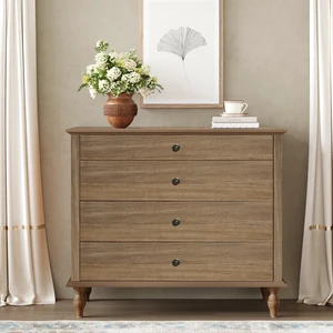 Large 4-Drawer Chest with Solid Wood Foot, Dresser with Brushed Light Brown Finish & Metal Drawer Knobs, Antique Design for Bedroom & Nursery Large 4-Drawer Chest with Solid Wood Foot, Dresser with Brushed Light Brown Finish & Metal Drawer Knobs, Antique Design for Bedroom & Nursery