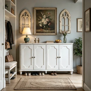 Vintage Distressed White Farmhouse Sideboard Buffet Cabinet, 4 Decorative Curved Doors Closed Storage Credenza Cupboard,63'' Large Accent Console Cabinet for Entryway, Living Room, Kitchen, Bedroom Vintage Distressed White Farmhouse Sideboard Buffet Cabinet, 4 Decorative Curved Doors Closed Storage Credenza Cupboard,63'' Large Accent Console Cabinet for Entryway, Living Room, Kitchen, Bedroom
