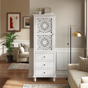 63" Tall Farmhouse Vintage Decorative Cabinet with Carved Door & 3 Drawers, Freestanding Tall Side Cabinet with Interior Storage, Retro Display Cabinet for Living Room Entryway Dining Room,White 63" Tall Farmhouse Vintage Decorative Cabinet with Carved Door & 3 Drawers, Freestanding Tall Side Cabinet with Interior Storage, Retro Display Cabinet for Living Room Entryway Dining Room,White