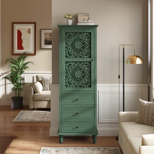 63" Tall Farmhouse Vintage Decorative Cabinet with Carved Door & 3 Drawers, Freestanding Tall Side Cabinet with Interior Storage, Retro Display Cabinet for Living Room Entryway Dining Room,Green 63" Tall Farmhouse Vintage Decorative Cabinet with Carved Door & 3 Drawers, Freestanding Tall Side Cabinet with Interior Storage, Retro Display Cabinet for Living Room Entryway Dining Room,Green