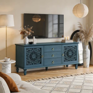 Farmhouse TV Stand with Hollow Carved Doors, Vintage Sideboard Buffet Storage Cabinet with 3 Drawers & Adjustable Shelves, Retro Freestanding Console Table for Living Room Dining Room Entryway ,Blue Farmhouse TV Stand with Hollow Carved Doors, Vintage Sideboard Buffet Storage Cabinet with 3 Drawers & Adjustable Shelves, Retro Freestanding Console Table for Living Room Dining Room Entryway ,Blue