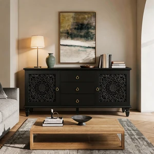 Farmhouse TV Stand with Hollow Carved Doors, Vintage Sideboard Buffet Storage Cabinet with 3 Drawers & Adjustable Shelves, Retro Freestanding Console Table for Living Room Dining Room Entryway, Black Farmhouse TV Stand with Hollow Carved Doors, Vintage Sideboard Buffet Storage Cabinet with 3 Drawers & Adjustable Shelves, Retro Freestanding Console Table for Living Room Dining Room Entryway, Black