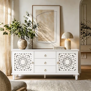 Farmhouse TV Stand with Hollow Carved Doors, Vintage Sideboard Buffet Storage Cabinet with 3 Drawers & Adjustable Shelves, Retro Freestanding Console Table for Living Room Dining Room Entryway ,White Farmhouse TV Stand with Hollow Carved Doors, Vintage Sideboard Buffet Storage Cabinet with 3 Drawers & Adjustable Shelves, Retro Freestanding Console Table for Living Room Dining Room Entryway ,White